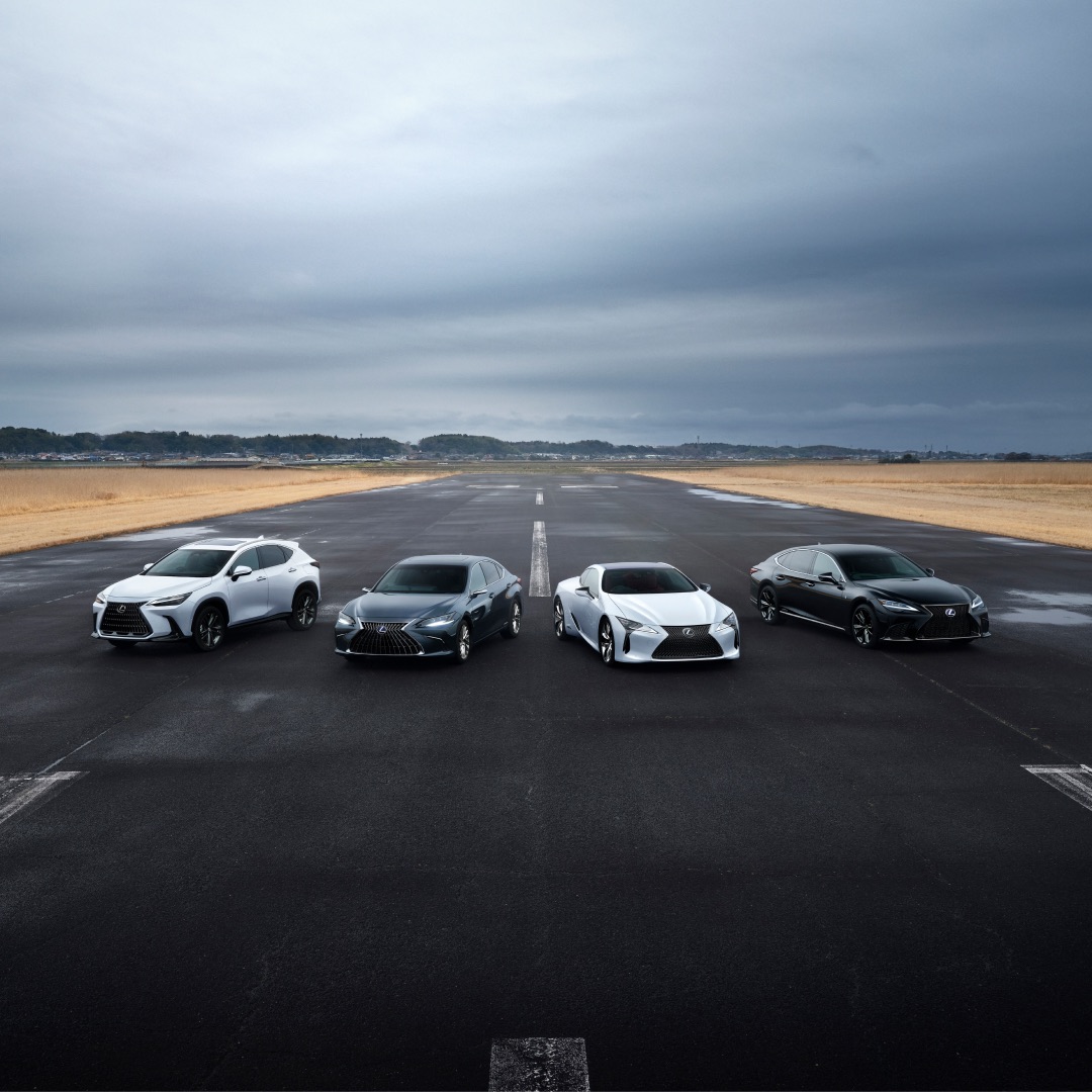 Lexus NX, ES LC and LS line up on an air strip